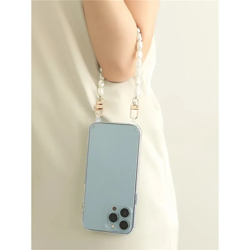 Color: Blue, Bundle: Case & Strap, Material: Canvas - Pearl Bracelet Wrist Chain Phone Case For iPhone 13 12 11 14 15 Pro Max XR X XS Mini 7 8 Plus SE Transparent Hard Acrylic Cover