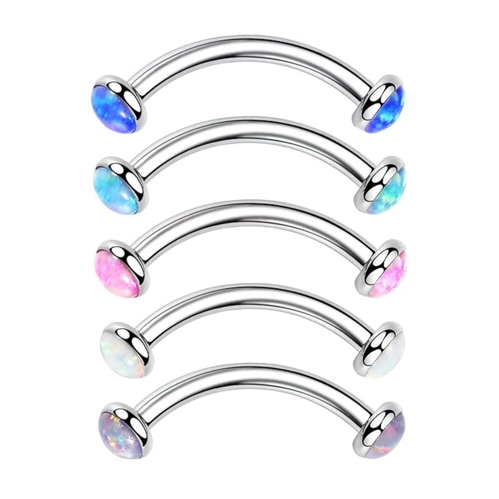 Metal color: Blue, Main Stone Color: WHITE - 3/4/5mm Opal Steel Eyebrow Ring Internally Threaded 6mm -14mm Bar Curved Barbell Monroe Lip Stud Ear Tragus Piercing