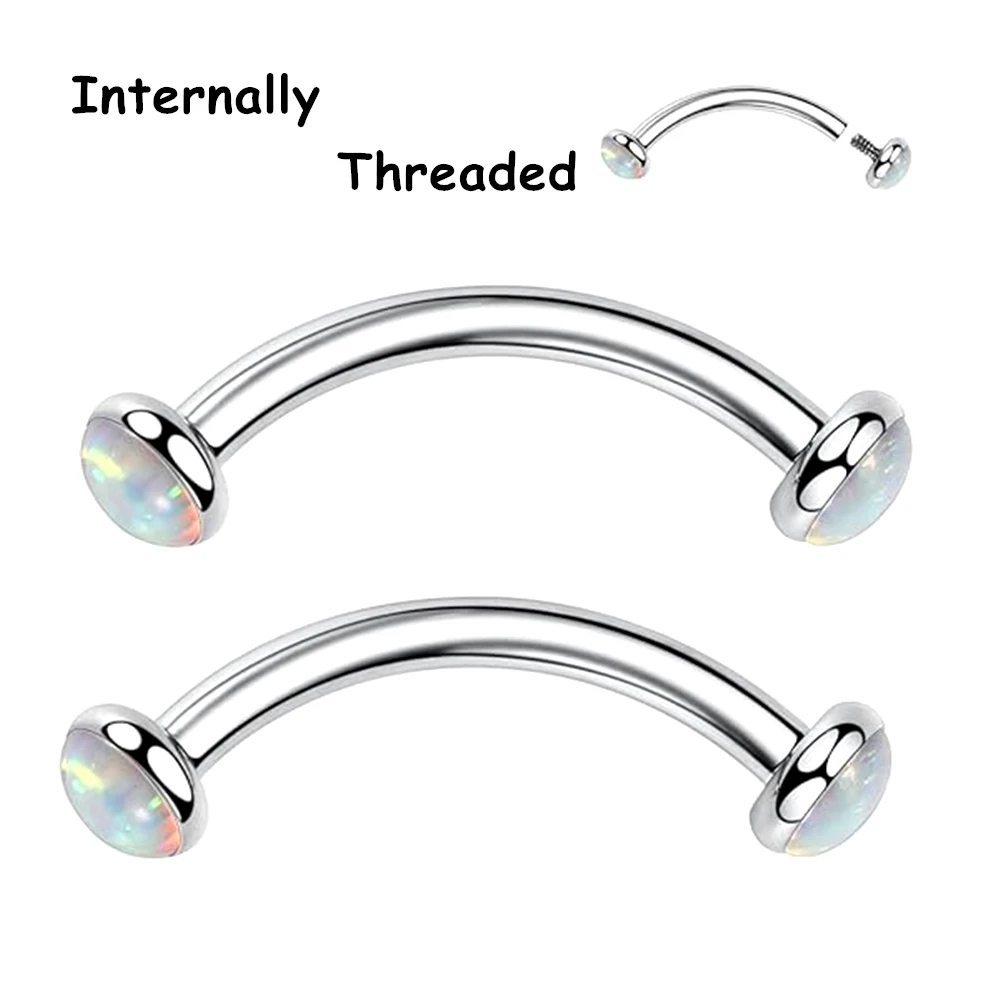 Metal color: Blue, Main Stone Color: WHITE - 3/4/5mm Opal Steel Eyebrow Ring Internally Threaded 6mm -14mm Bar Curved Barbell Monroe Lip Stud Ear Tragus Piercing