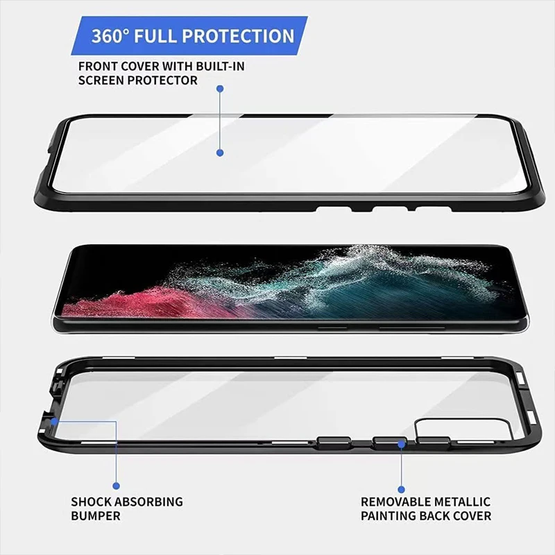 Color: Silver, Material: EVA - Full Wrap Metal Bezel Case For Samsung Galaxy S23 S22 Ultra S21 S20 FE S24 Note 10 20 Lite Plus Double-Sided Glass Back Cover