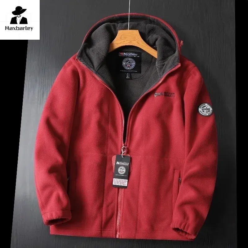 Color: Red, Size: XL - Winter Wool Jacket Men's High-end Embroidered Thickened Fleece Windproof Jacket Outdoor Snow Cold-proof Men's Warm Hooded Coat