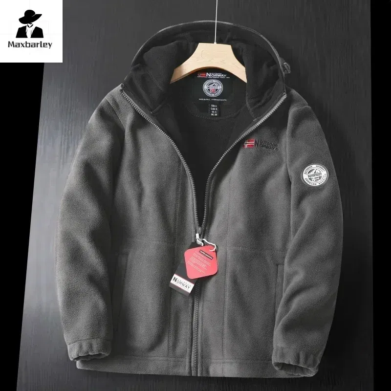 Color: Red, Size: XL - Winter Wool Jacket Men's High-end Embroidered Thickened Fleece Windproof Jacket Outdoor Snow Cold-proof Men's Warm Hooded Coat