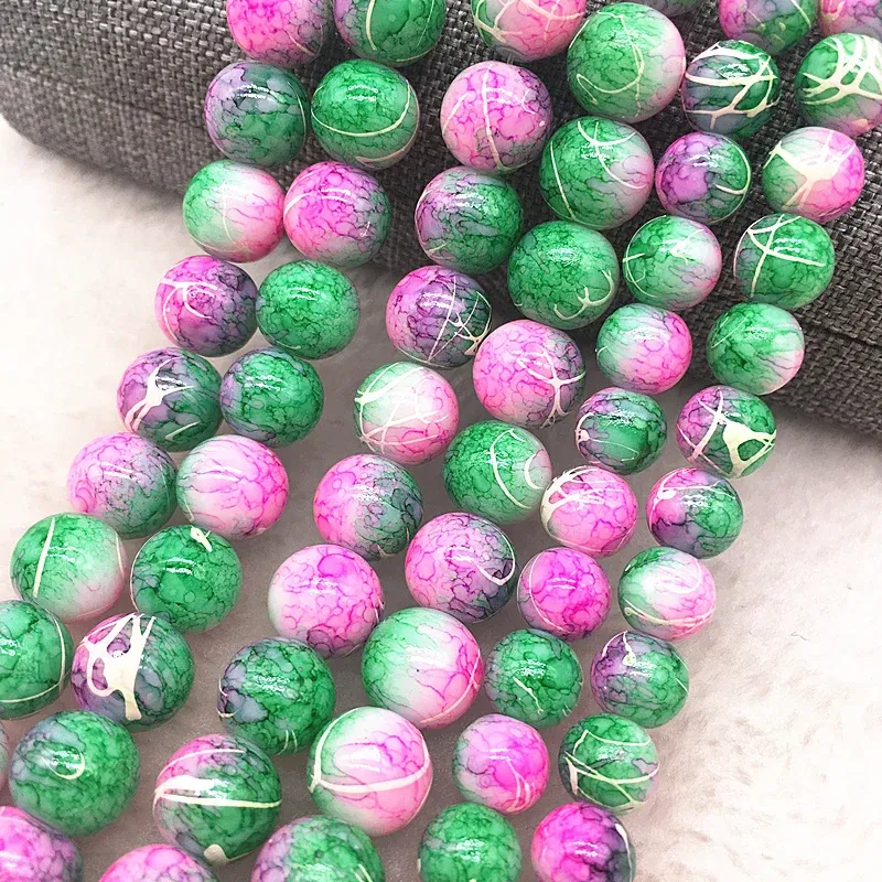 Color: Lavender, Item Diameter: 6mm - Wholesale 4/6/8/10mm Glass Beads Round Loose Spacer Beads Pattern For Jewelry Making DIY Bracelet Necklace