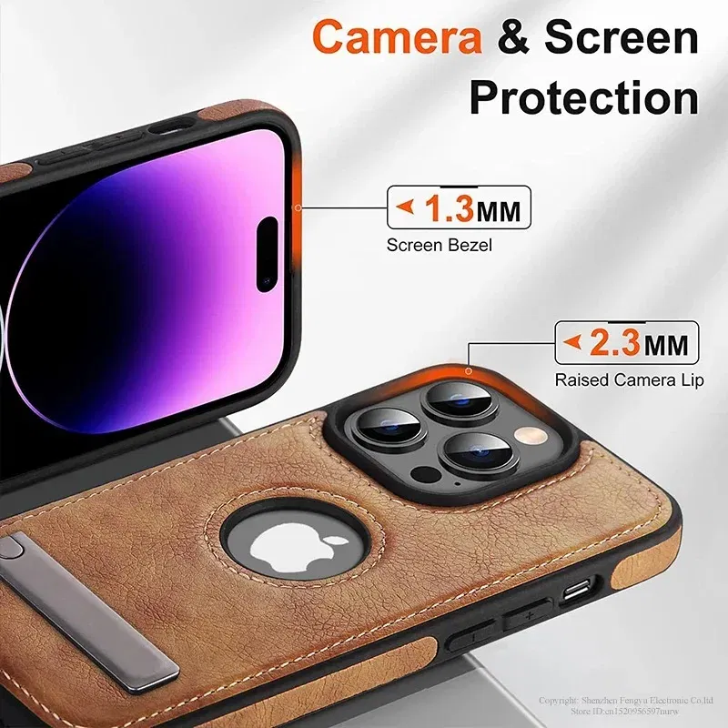 Color: Beige, Material: Cotton Fabric - PU Leather Kickstand Phone Cases for iPhone 15 Pro Max 14 Plus 11 13 12 Mini Mobile Case with Holder Luxury Slim Shell Cover