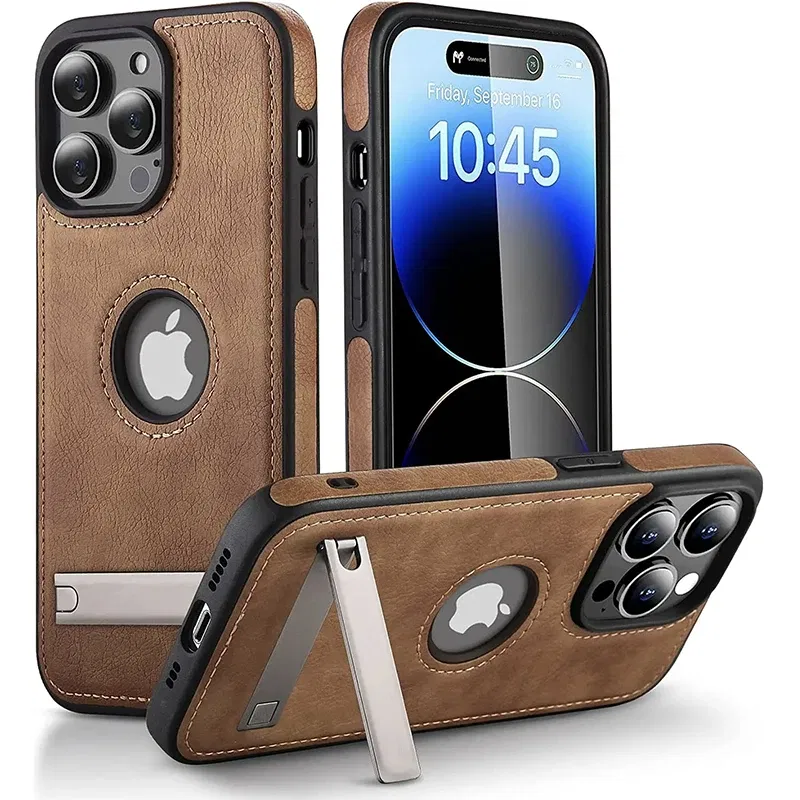Color: Beige, Material: Cotton Fabric - PU Leather Kickstand Phone Cases for iPhone 15 Pro Max 14 Plus 11 13 12 Mini Mobile Case with Holder Luxury Slim Shell Cover