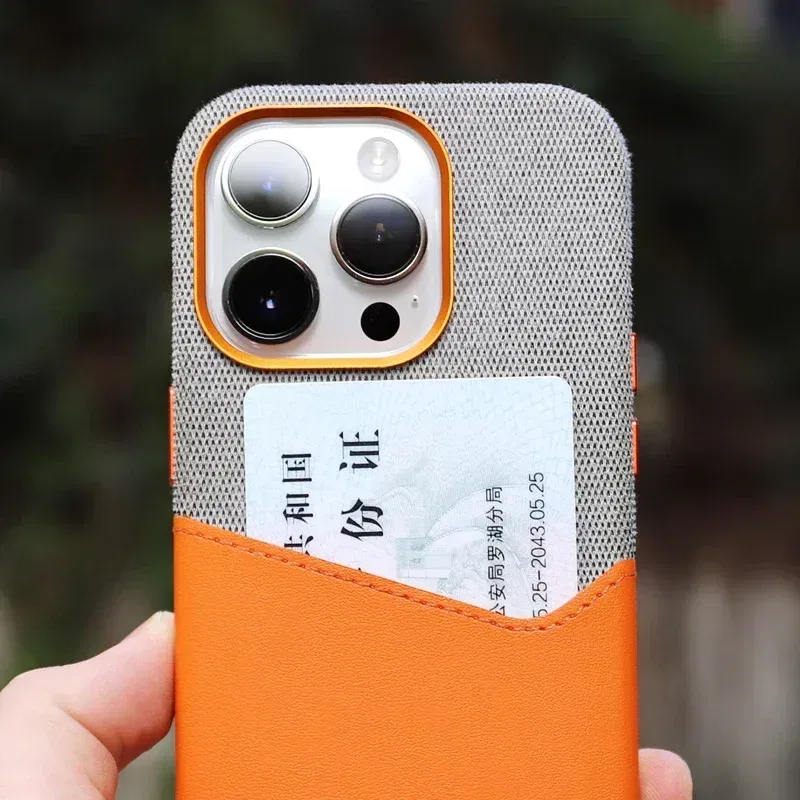 Color: Blue, Material: Cotton - Card Holder MagSafe Leather Phone Case For iPhone 14 16 Pro Max 13 15 Pro 12 Pocket Wireless Charging Alloy Lens Hit Color Cover