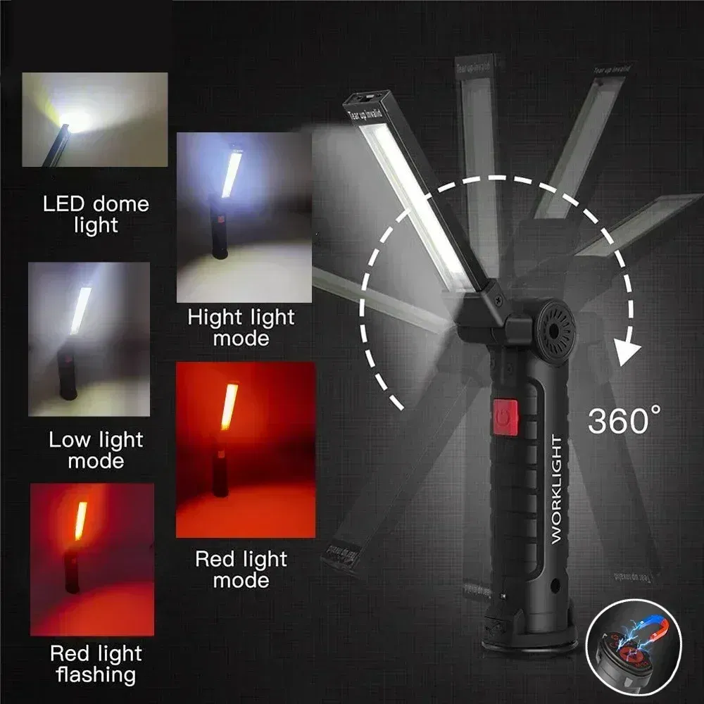 Emitting Color: Natural White - COB LED Work Light Dimmable USB Rechargeable LED Flashlight Inspection Lamp With Magnetic Hook Power Bank 18650 Battery Torch