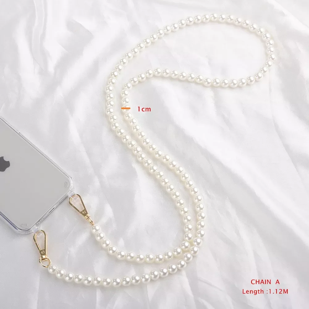 Color: Clear, Bundle: Case & Strap, Material: PVC - DIY Luxury Pearl Chain Crossbody Strap Shockproof Acrylic Lanyard Phone Case for iPhone 14 13 12 PRO 15 Pro Max X XS 12 MINI