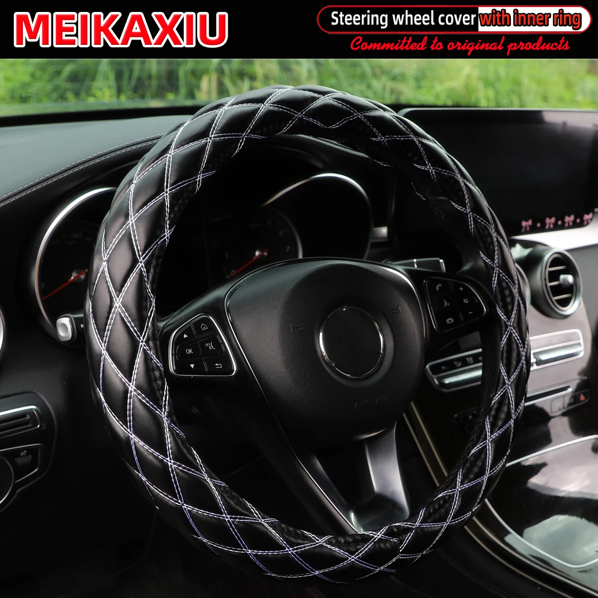 Color Name: WHITE - New PU sheepskin embroidered double-thread car has an inner ring steering wheel cover suitable for 36cm, 37cm and 38cm