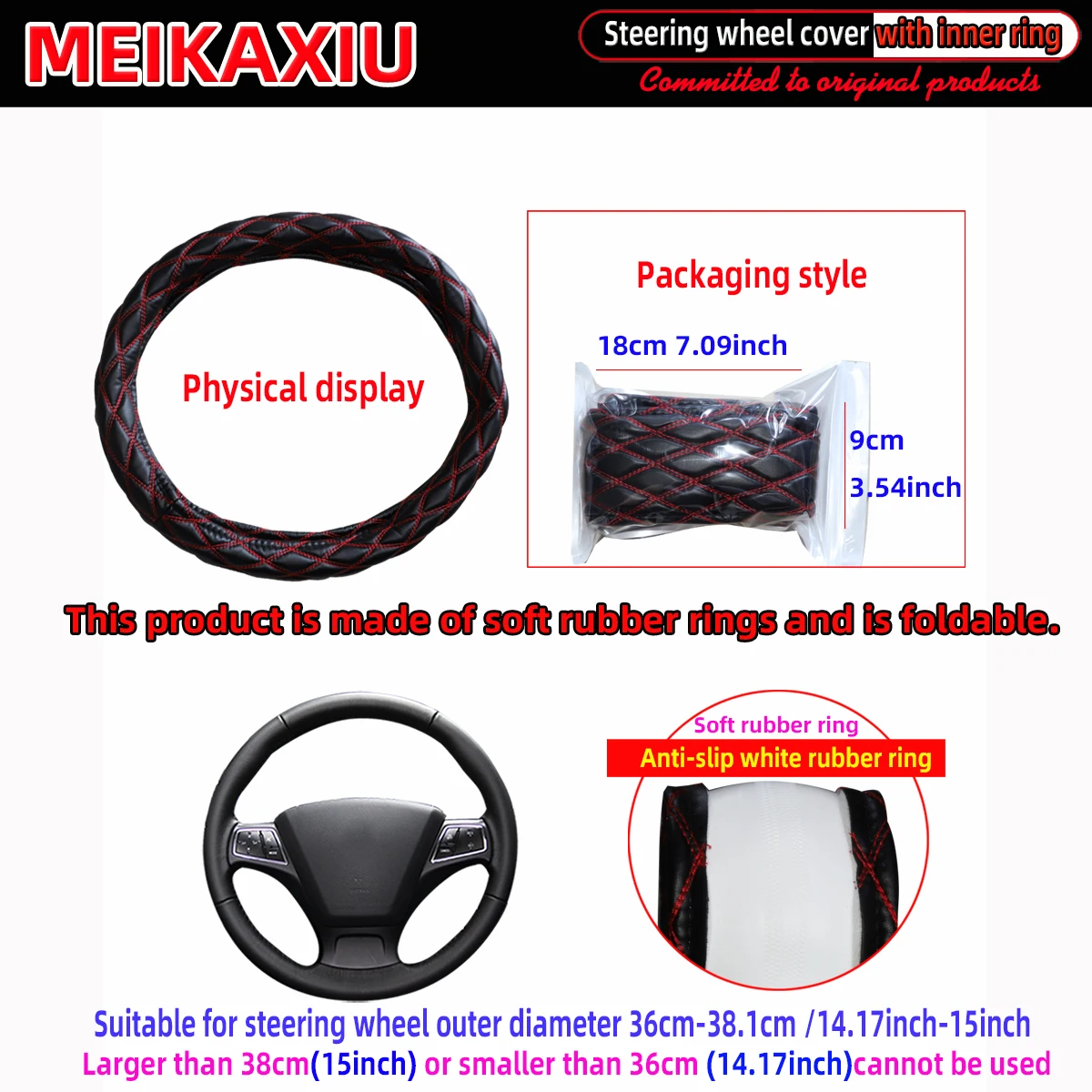 Color Name: WHITE - New PU sheepskin embroidered double-thread car has an inner ring steering wheel cover suitable for 36cm, 37cm and 38cm