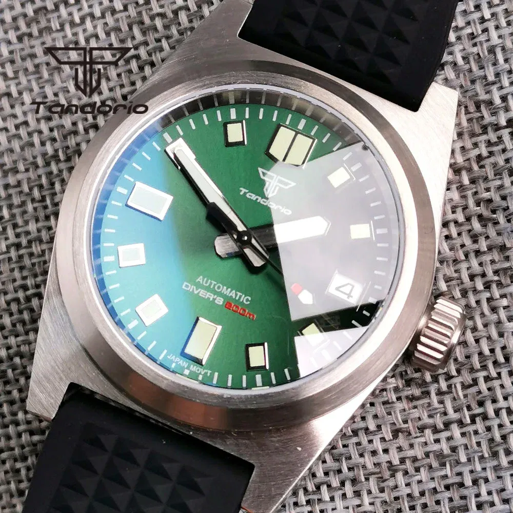 Color: grey - Tandorio Black/Blue/Green Sunburst Dial NH35A 38mm Automatic Men's Watch 200M Brushed Case AR Sapphire Crystal Rubber Strap