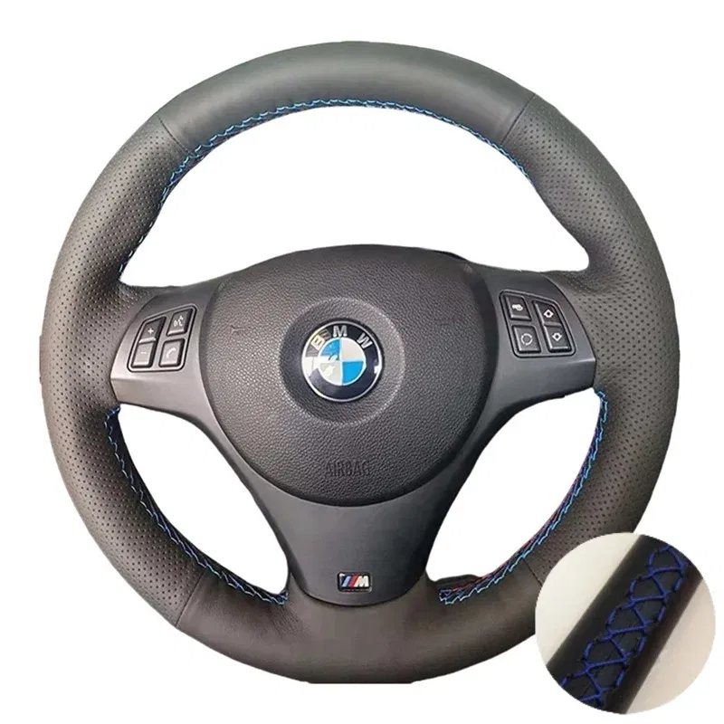 Color Name: SKY BLUE - Full Black Leather Car Steering Wheel Braid Soft Leather Cover For BMW E81 E90 Pack M Sport M3 E91 E92 E93 E87 E82 E88 X1 E84