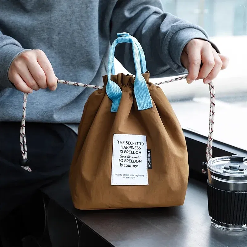 Color: black - Large Capacity Waterproof Lunch Bag with Drawstring Closure Thick Insulation Cooler Bento Bag for Picnic Work Student Handle Bag