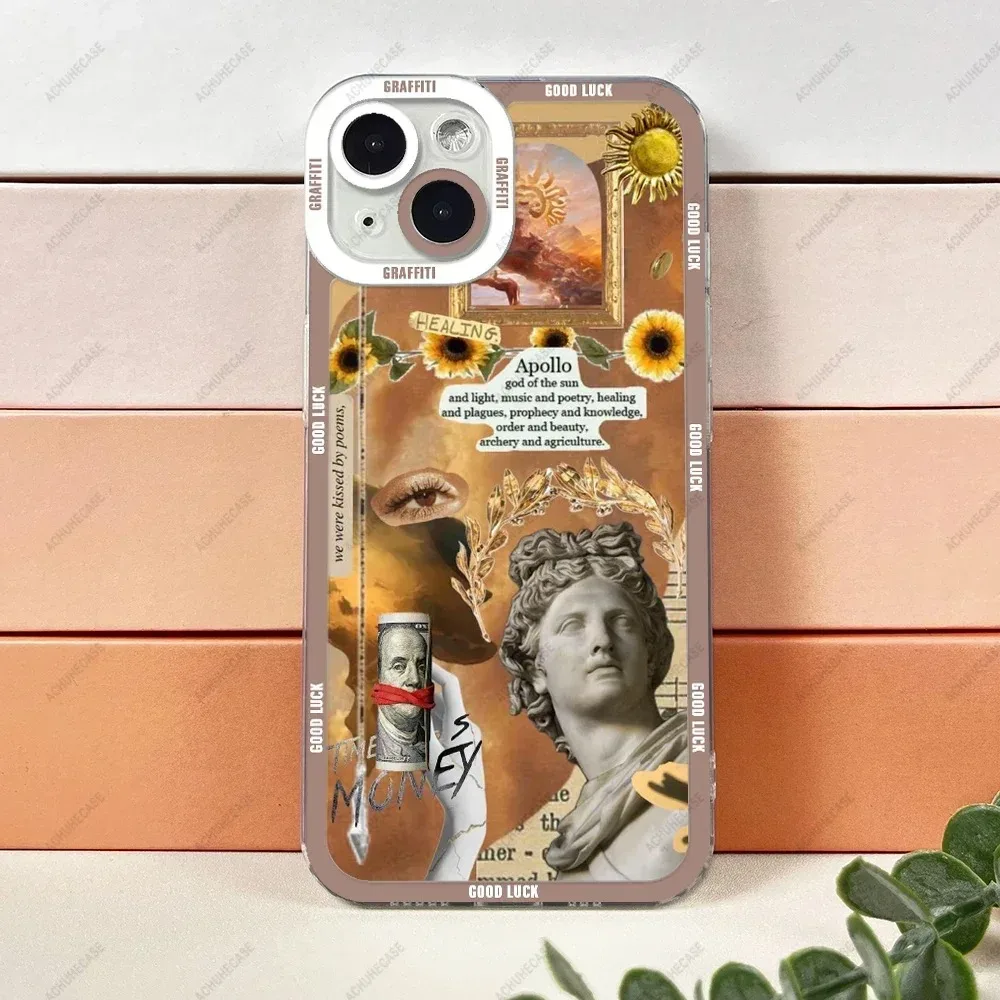 Color: Gold, Material: tpu - Aesthetic Statue Art Phone Case For iPhone 16 15 14 13 12 11 Pro Max XS X XR Plus Mini Luxury Transparent Soft Funda