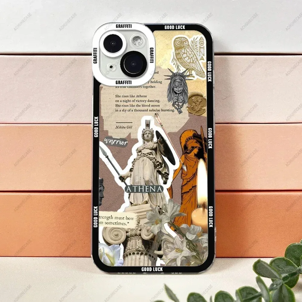 Color: Gold, Material: tpu - Aesthetic Statue Art Phone Case For iPhone 16 15 14 13 12 11 Pro Max XS X XR Plus Mini Luxury Transparent Soft Funda