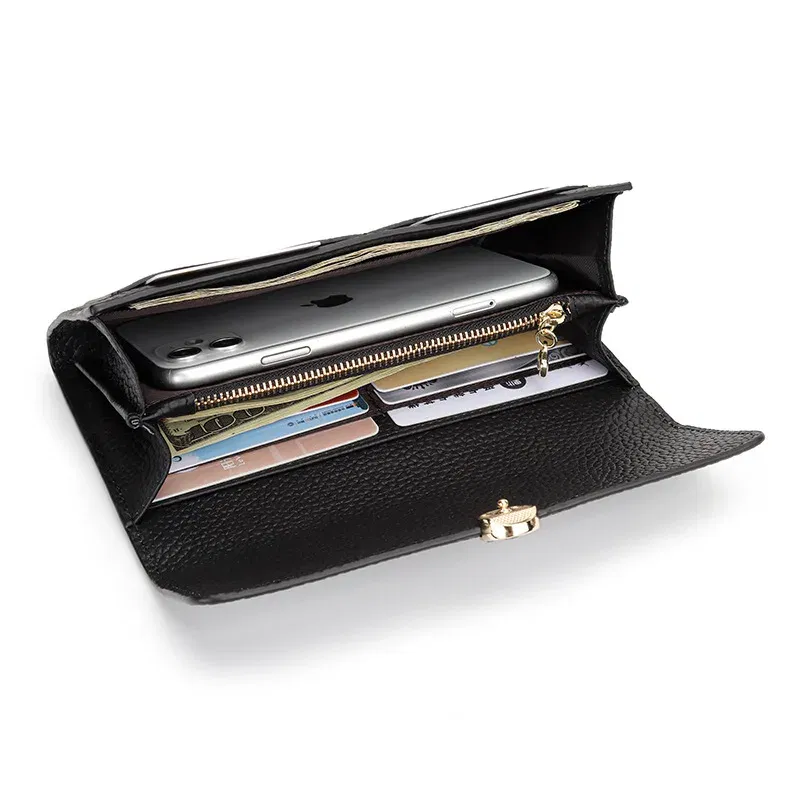 Color: Blue - Women's Wallet 2025 New Full Leather Long Wallet Cross-border First Layer Cowhide Women's Long Clip Leather Clutch Pouch