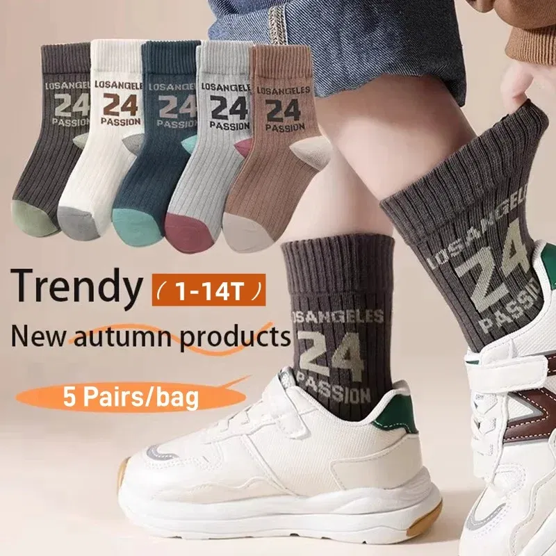 Color: Pink, Size: 10-12T - Autumn Socks Boys Solid With Letters Pattern Cotton Sock Children's Sporty Socks Spring Autumn Mid Calf Socks 5 pairs