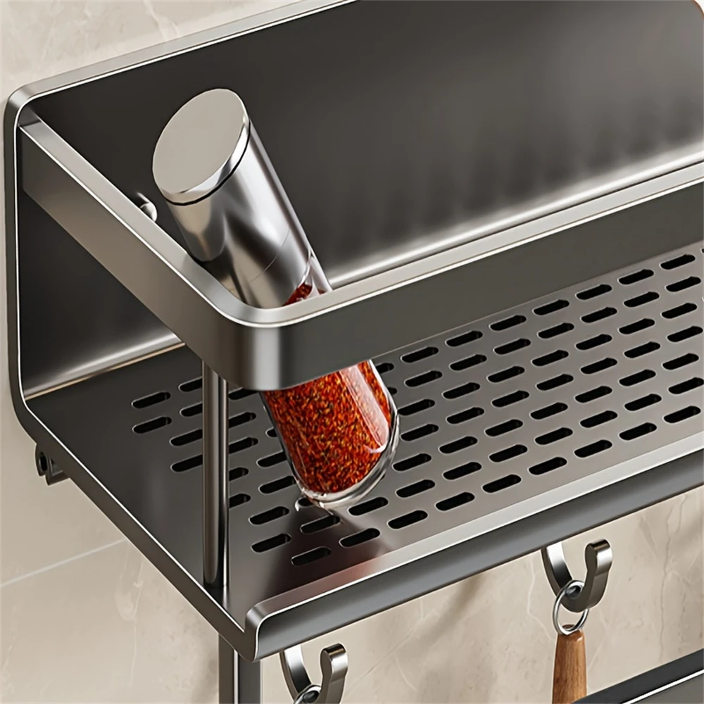 Color: Gold - Multifunctional Kitchen and Bath Tray Wall-Mounted Aluminum Storage Rack Seasoning Bottle Storage Shelf Kitchen Storage Hooks