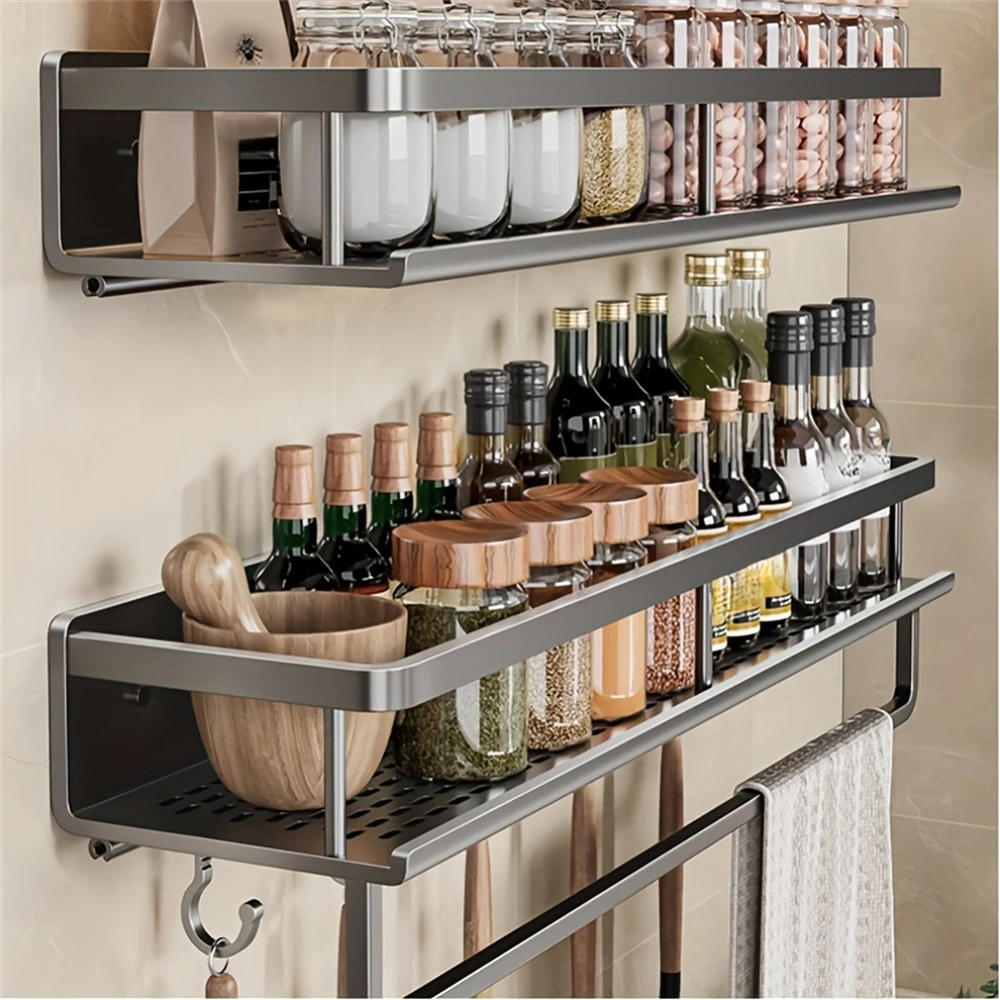 Color: Gold - Multifunctional Kitchen and Bath Tray Wall-Mounted Aluminum Storage Rack Seasoning Bottle Storage Shelf Kitchen Storage Hooks