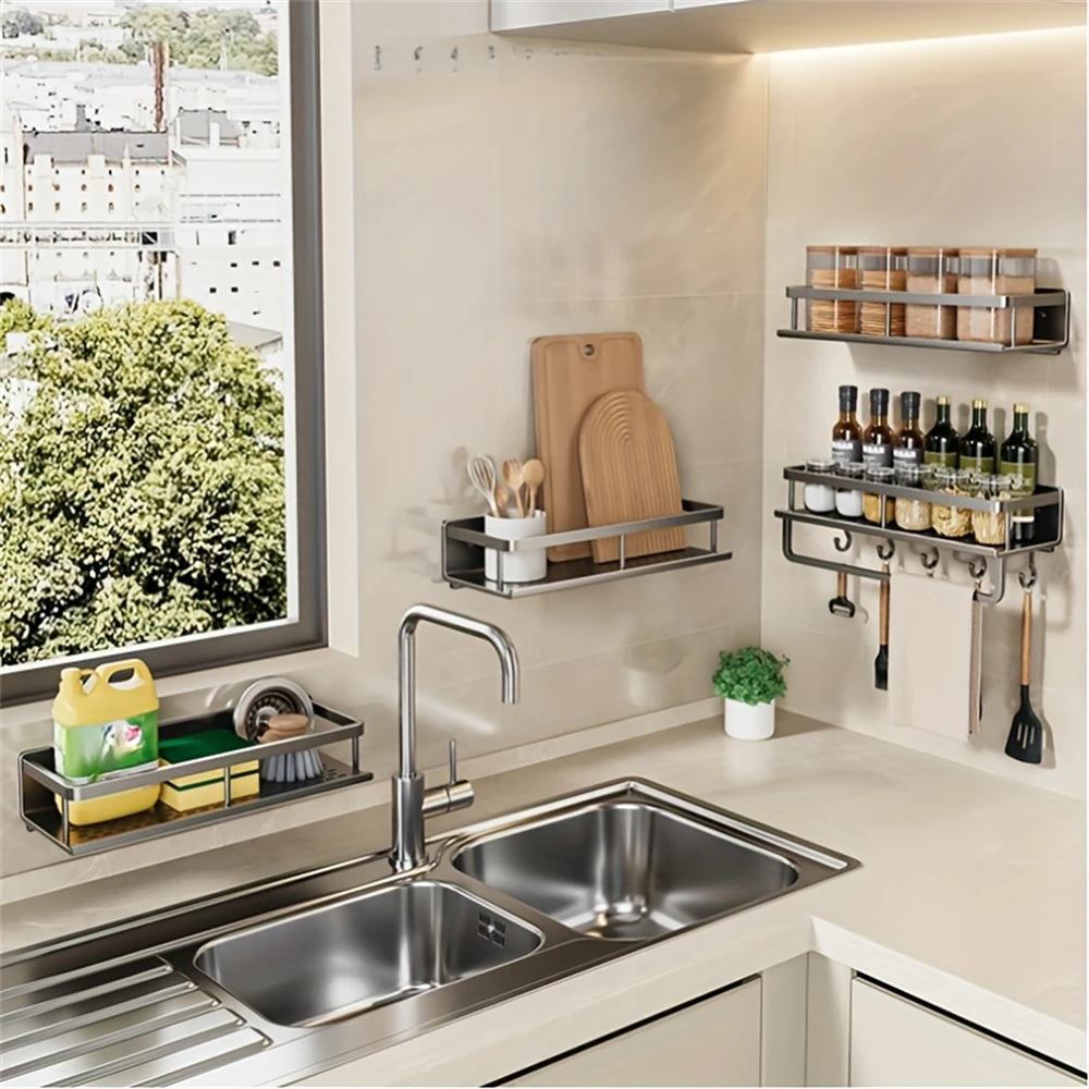 Color: Gold - Multifunctional Kitchen and Bath Tray Wall-Mounted Aluminum Storage Rack Seasoning Bottle Storage Shelf Kitchen Storage Hooks
