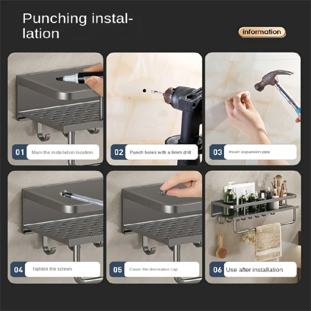 Color: Gold - Multifunctional Kitchen and Bath Tray Wall-Mounted Aluminum Storage Rack Seasoning Bottle Storage Shelf Kitchen Storage Hooks