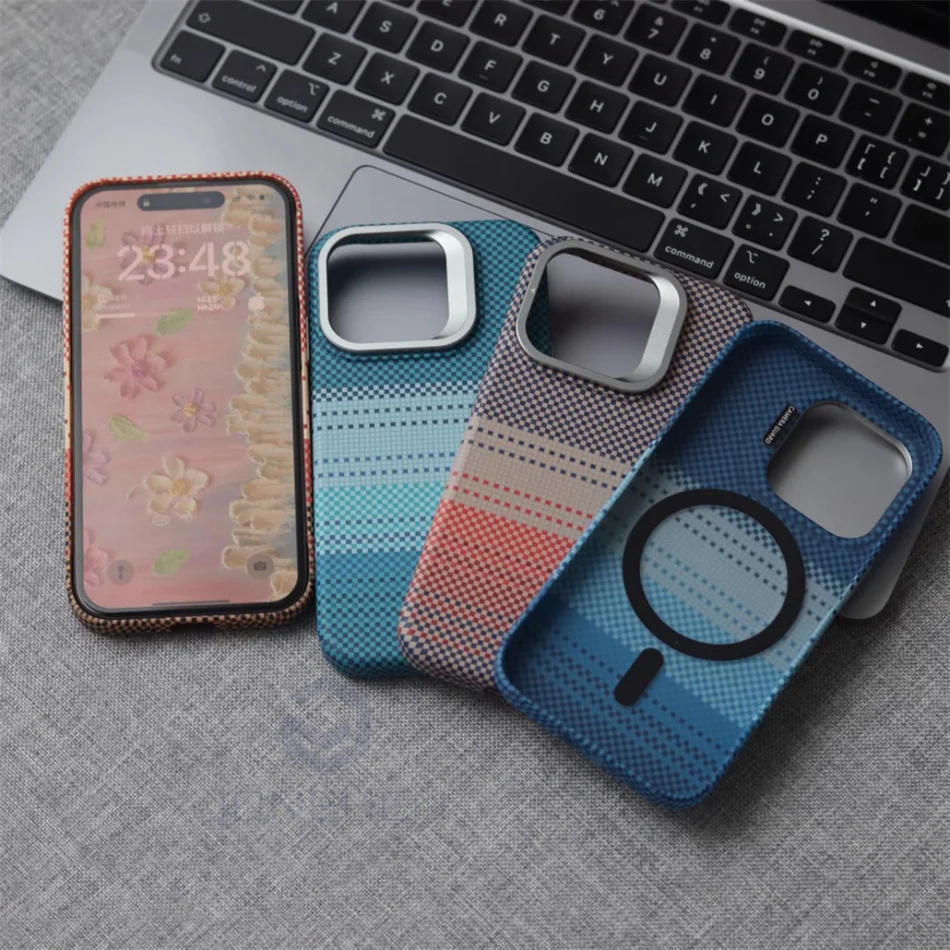 Color: Clear, Material: POLYESTER - Luxury Magnetic Stand Metal Lens Relief Carbon Fibre Pattern For Magsafe Case For iPhone 15 14 13 Pro Max Shockproof Back Cover