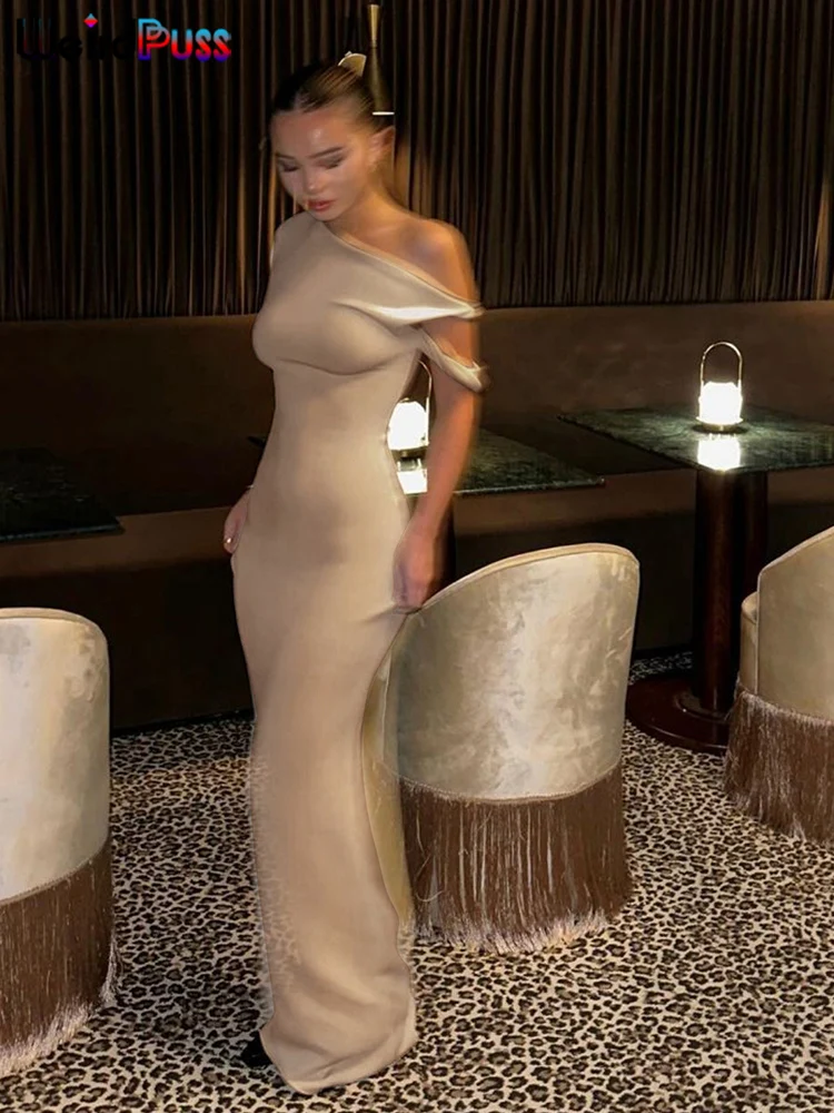 Color: Beige, Size: L - Weird Puss Bandage Dress Woman Summer Sexy Irregular Solid Sheath Chic Stretch Body-Shape Smooth Birthday Party Elegant Bodycon