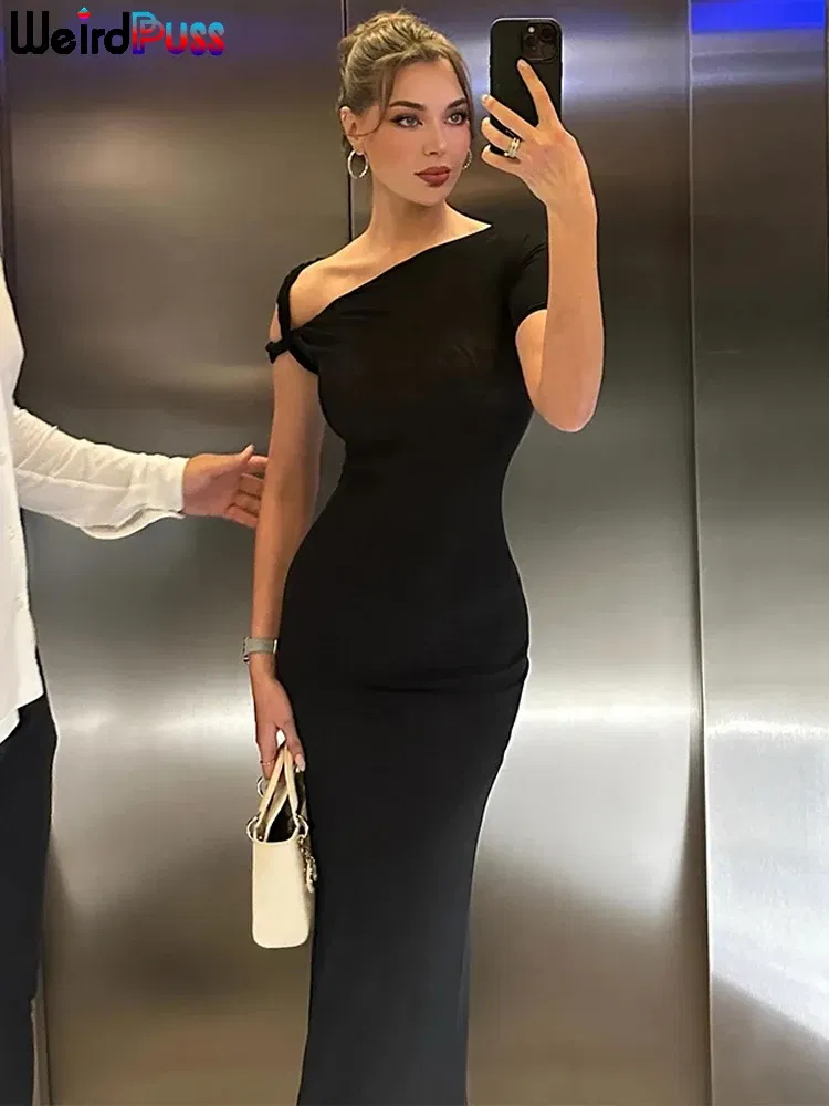 Color: Beige, Size: L - Weird Puss Bandage Dress Woman Summer Sexy Irregular Solid Sheath Chic Stretch Body-Shape Smooth Birthday Party Elegant Bodycon