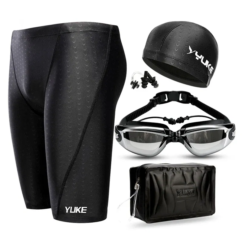 Color: Sky blue, Size: L - Men Swimming Shorts Waterproof Competition Swim Equipment Goggles with Ear-plug Cap Case Trunks Briefs Swimwear Half Pants 2022