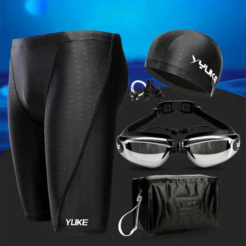 Color: Sky blue, Size: L - Men Swimming Shorts Waterproof Competition Swim Equipment Goggles with Ear-plug Cap Case Trunks Briefs Swimwear Half Pants 2022