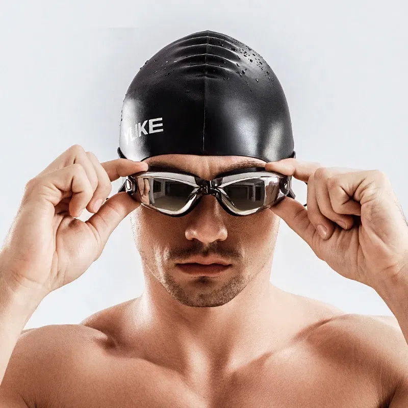 Color: Sky blue, Size: L - Men Swimming Shorts Waterproof Competition Swim Equipment Goggles with Ear-plug Cap Case Trunks Briefs Swimwear Half Pants 2022