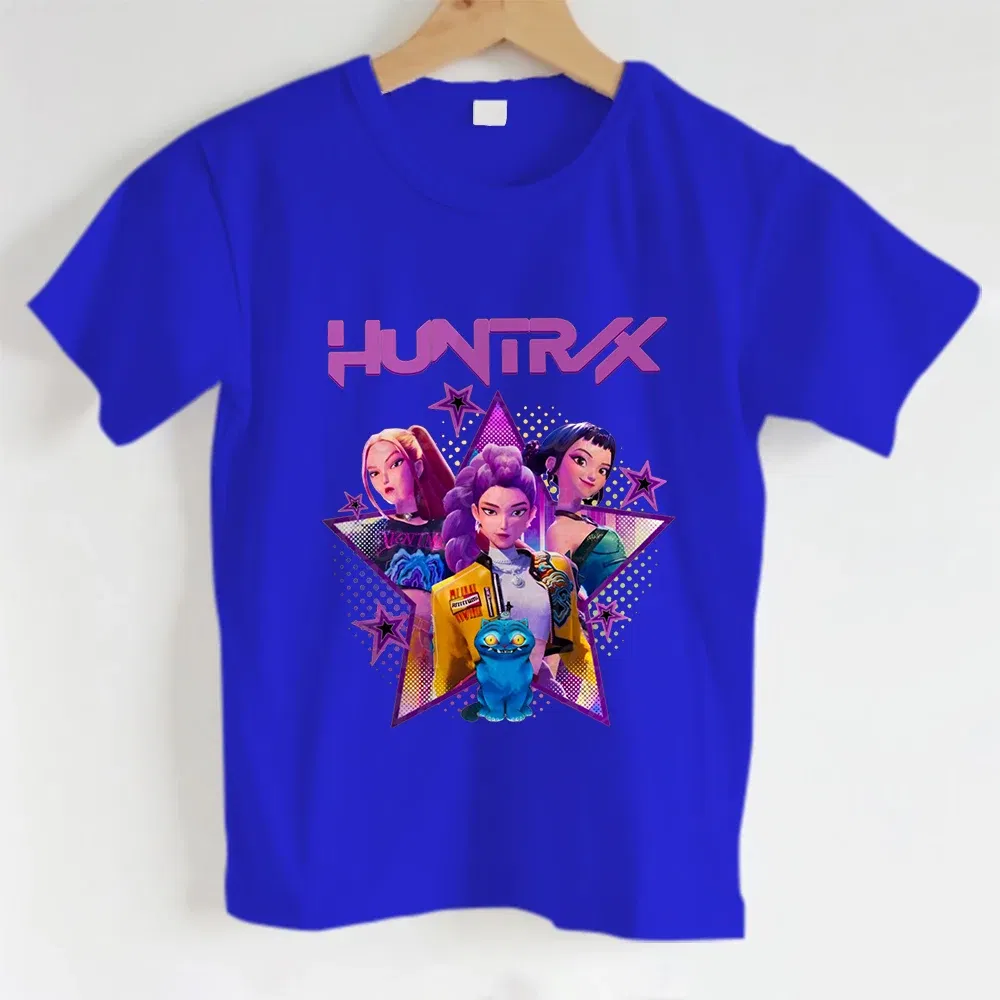 Color: Blue, Kid Size: 7 - KPOP Hunters Anime series pattern Girl T-shirt, Huntrix girl Group cute T-shirt