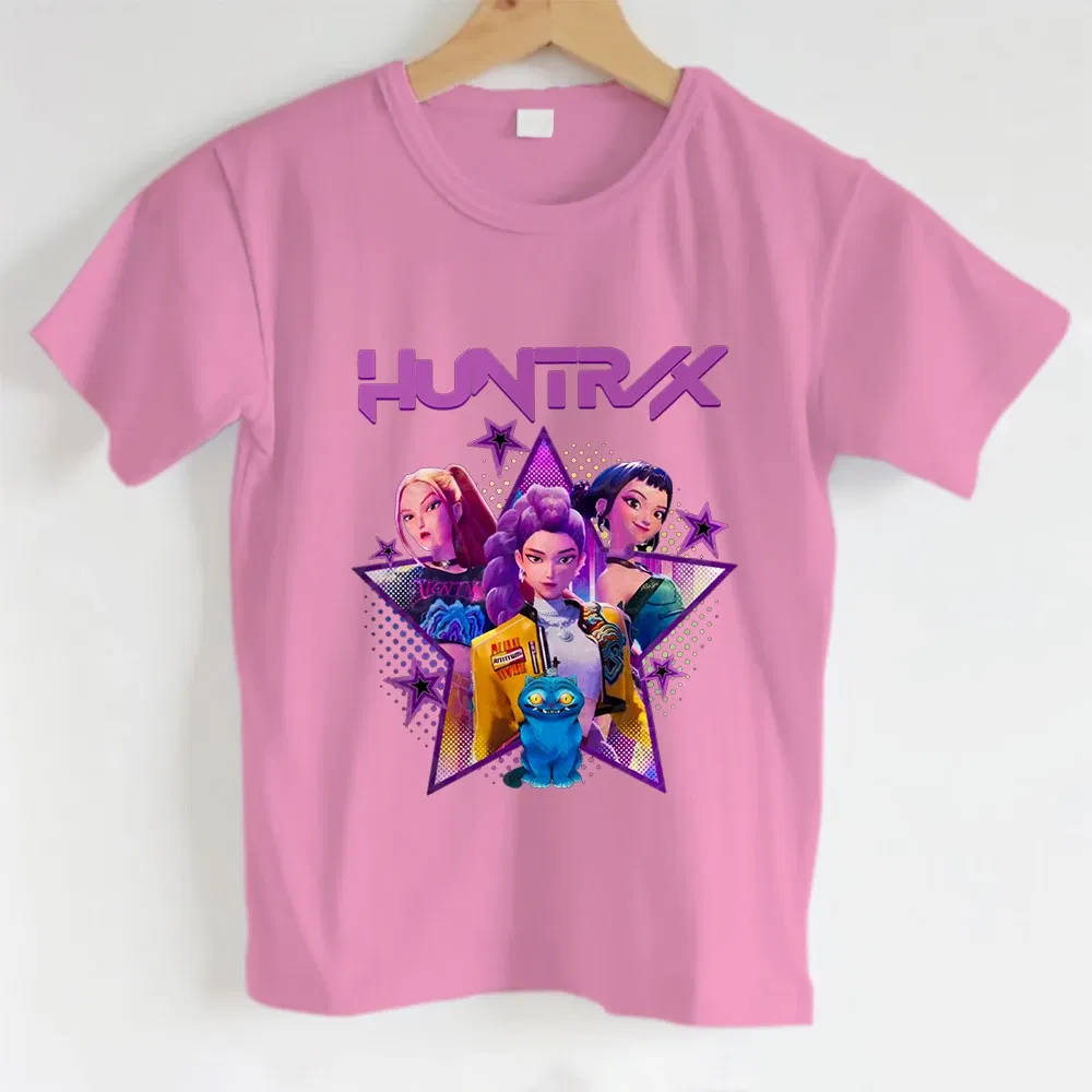 Color: Blue, Kid Size: 7 - KPOP Hunters Anime series pattern Girl T-shirt, Huntrix girl Group cute T-shirt
