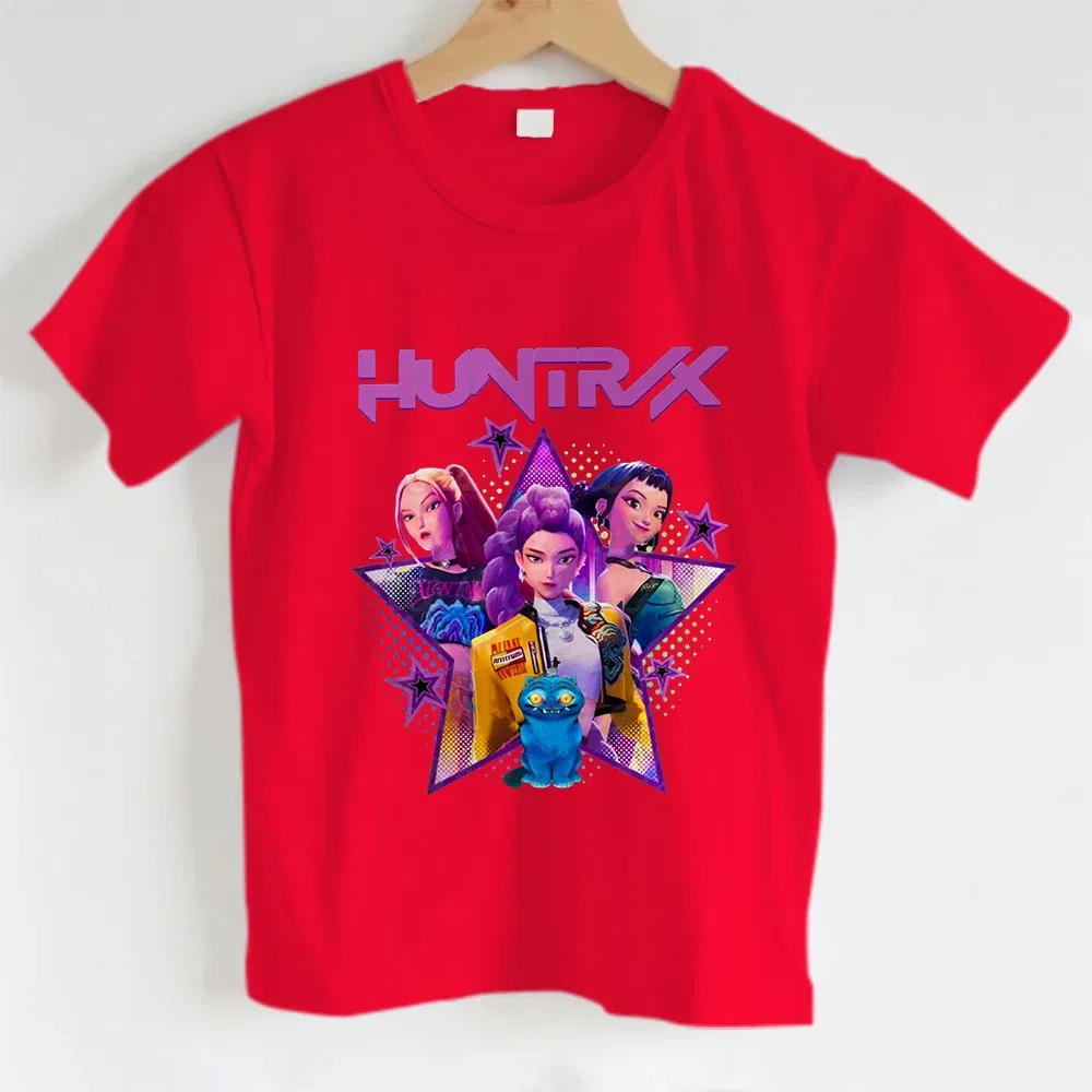 Color: Blue, Kid Size: 7 - KPOP Hunters Anime series pattern Girl T-shirt, Huntrix girl Group cute T-shirt