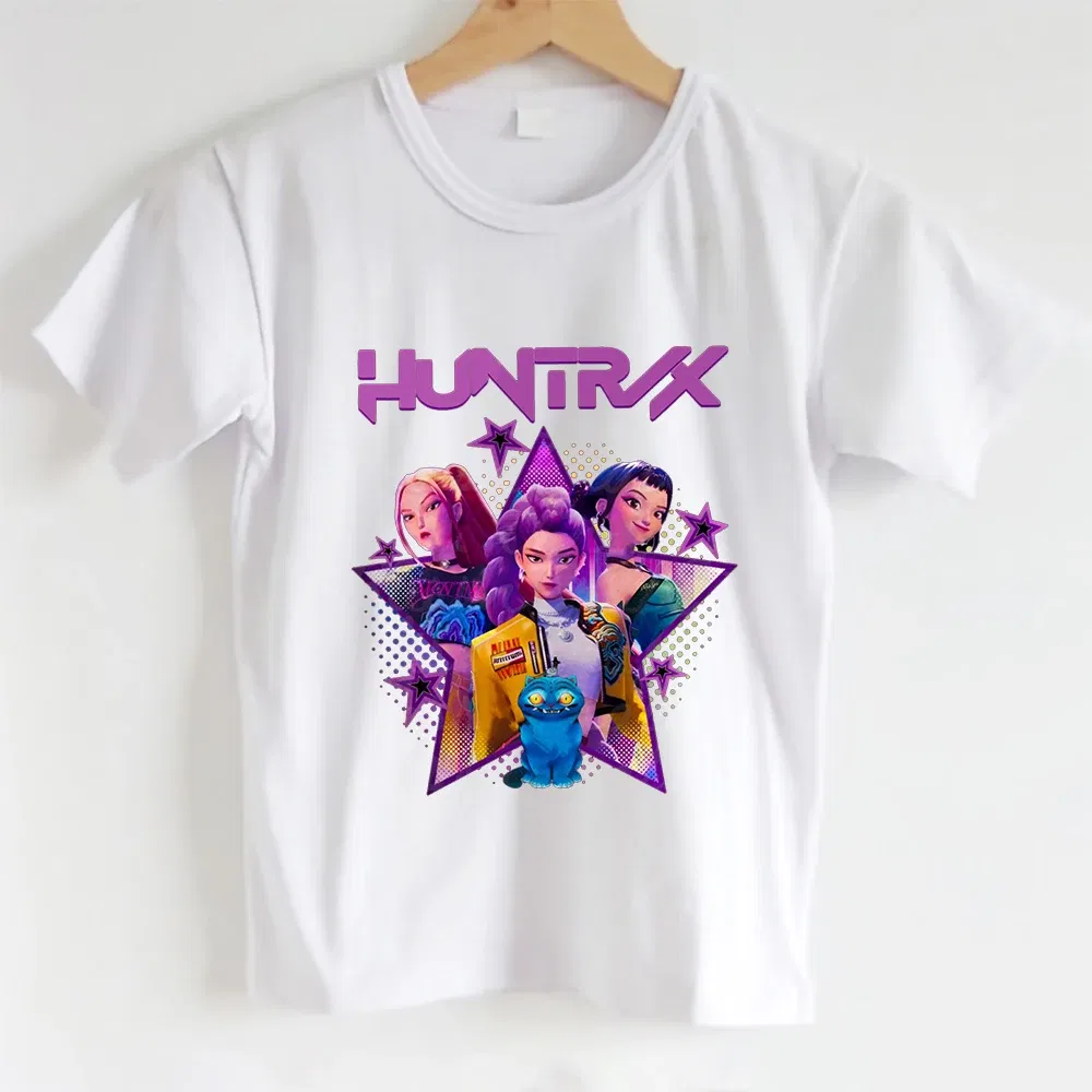 Color: Blue, Kid Size: 7 - KPOP Hunters Anime series pattern Girl T-shirt, Huntrix girl Group cute T-shirt