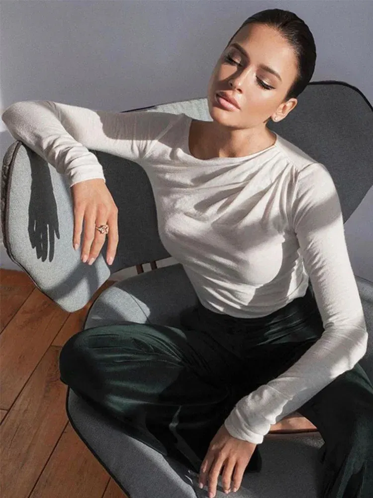 Color: WHITE, Size: L - Long Sleeve Top White T-Shirts Women Basic Crop Top Autumn Pollover Solid Skew Neck T Shirt Streetwear Basic Black Y2K Tees
