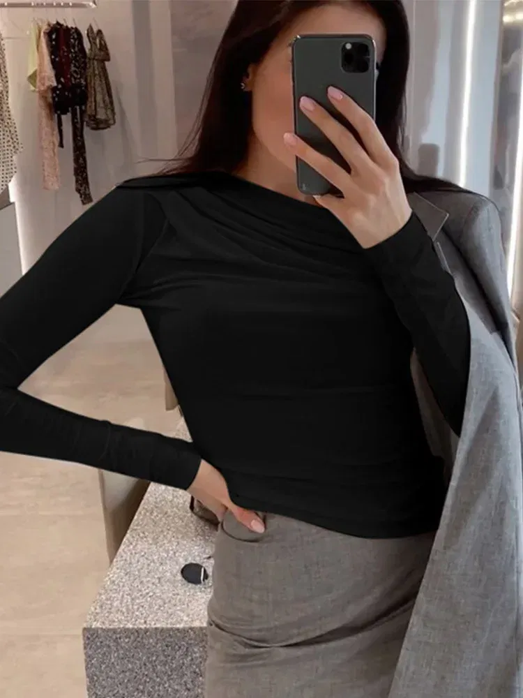Color: WHITE, Size: L - Long Sleeve Top White T-Shirts Women Basic Crop Top Autumn Pollover Solid Skew Neck T Shirt Streetwear Basic Black Y2K Tees