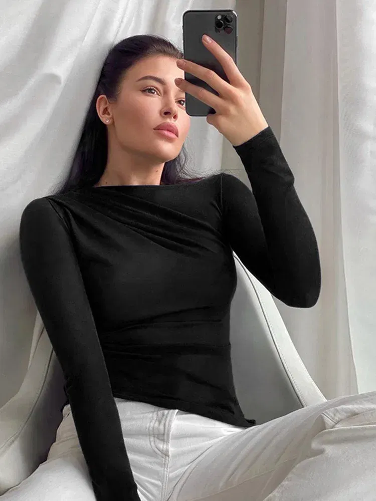 Color: WHITE, Size: L - Long Sleeve Top White T-Shirts Women Basic Crop Top Autumn Pollover Solid Skew Neck T Shirt Streetwear Basic Black Y2K Tees