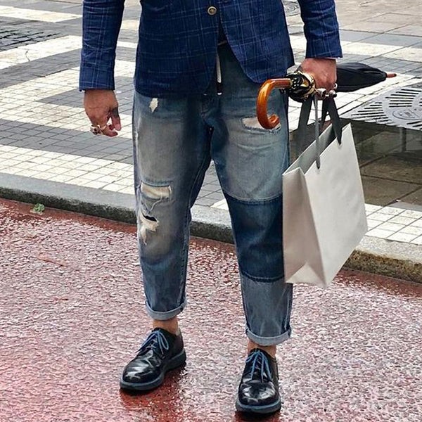 Men's Vintage Washed Distressed Patchwork Jeans