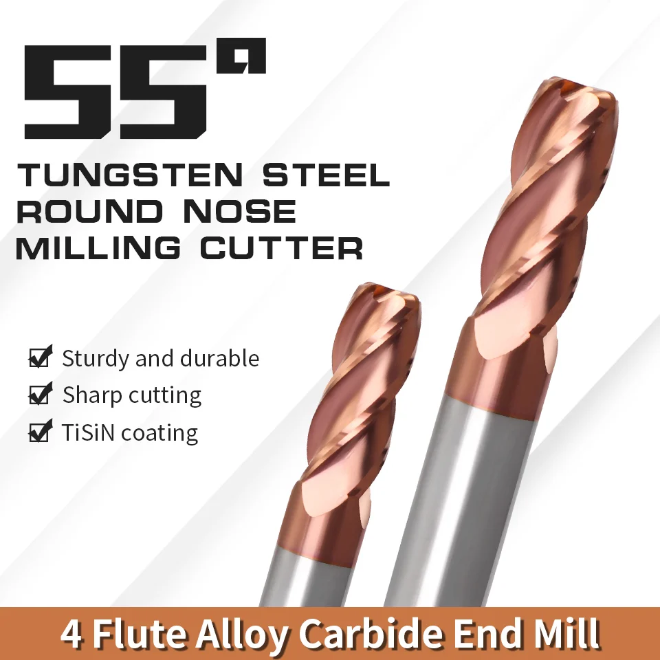 Cutting Edge Diameter: 0.9mm, Dimensions: 3.175*1.5*7 - AUGT HRC55 Carbide Bull Nose End Mill 4Flutes Copper Milling Cutter Alloy Coating Tungsten Steel Cutting Tool For CNC Maching