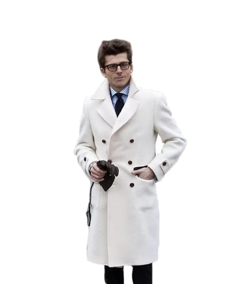Color: army green, Size: 46 - Solid White England Style Woolen Overcoat Men's Thick Plus Double-Breasted Long Coat Casual Winter Fashion Warm Jacket