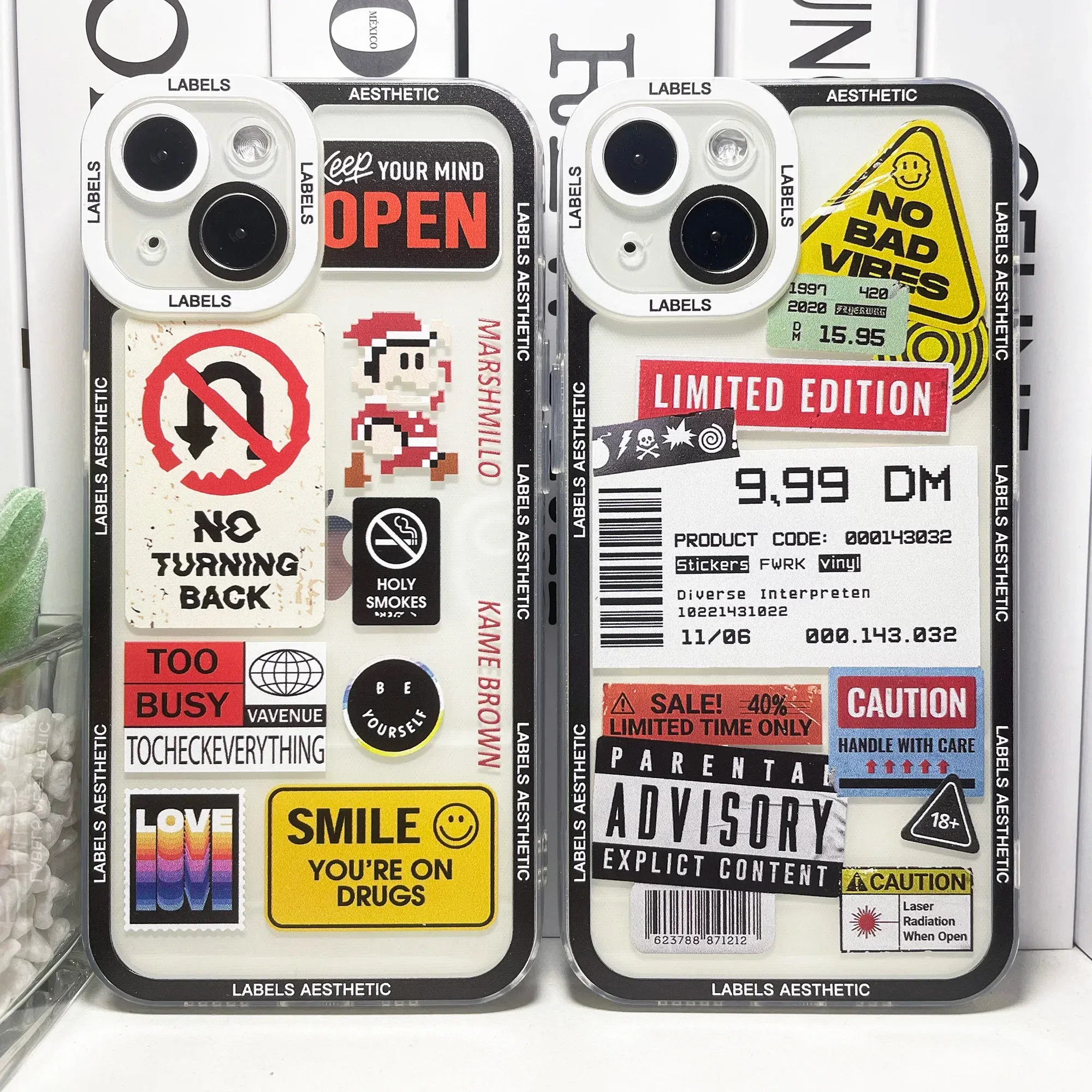 Color: Gold, Material: Other - Mix Labels Aesthetic Stickers Collage Phone Case For iPhone 16 15 14 13 12 11 Pro Max Mini XS X XR SE 7 8 Plus Clear Soft Cover