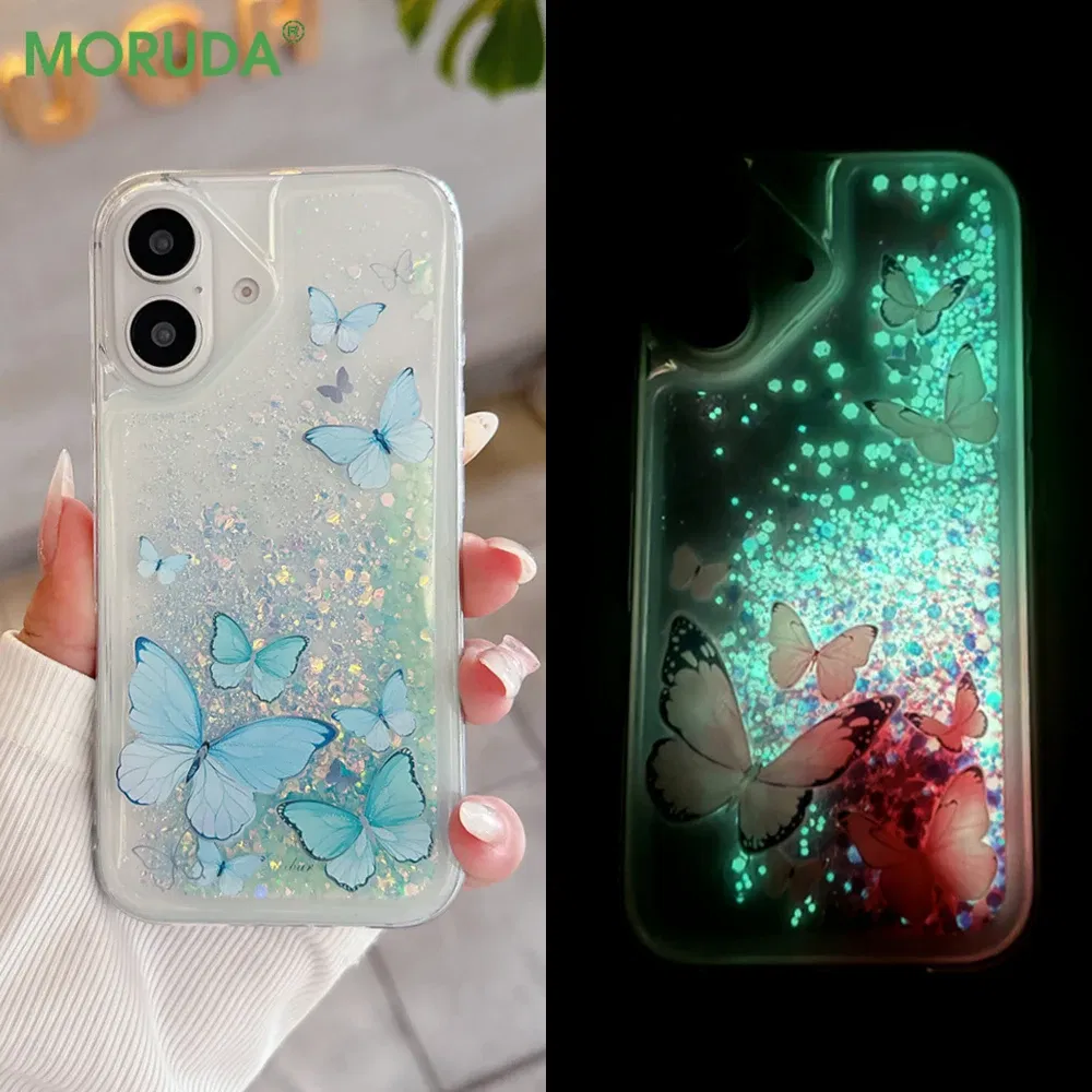 Color: PURPLE, Material: Genuine leather - Luminous Quicksand Glitter Butterfly Case for iPhone 16 15 14 Pro Max Plus 13 12 Mini 11 X Xs XR Soft Silicone Bling Shiny Cover