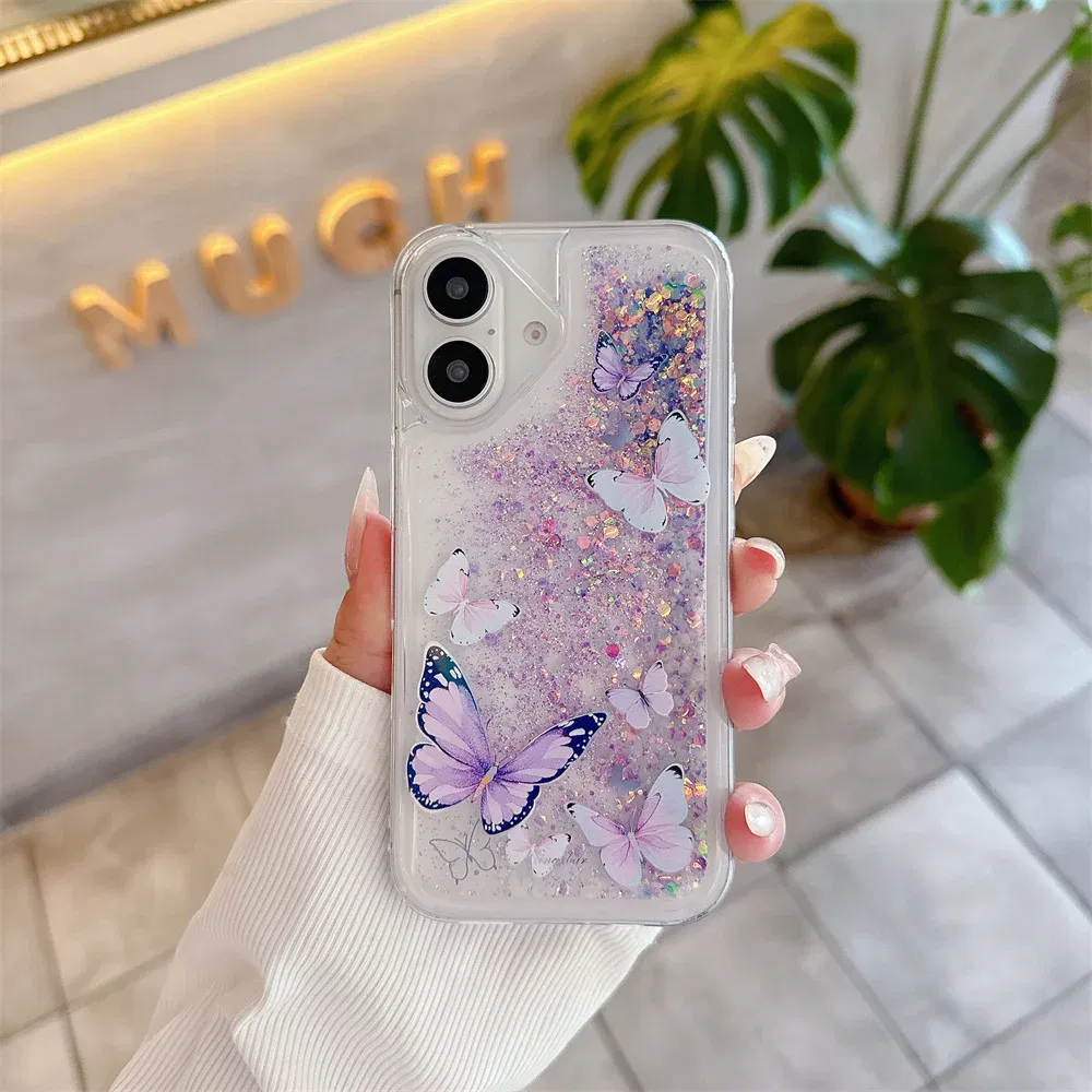 Color: PURPLE, Material: Genuine leather - Luminous Quicksand Glitter Butterfly Case for iPhone 16 15 14 Pro Max Plus 13 12 Mini 11 X Xs XR Soft Silicone Bling Shiny Cover