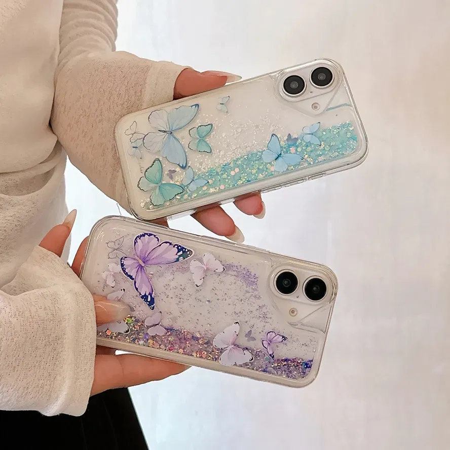 Color: PURPLE, Material: Genuine leather - Luminous Quicksand Glitter Butterfly Case for iPhone 16 15 14 Pro Max Plus 13 12 Mini 11 X Xs XR Soft Silicone Bling Shiny Cover