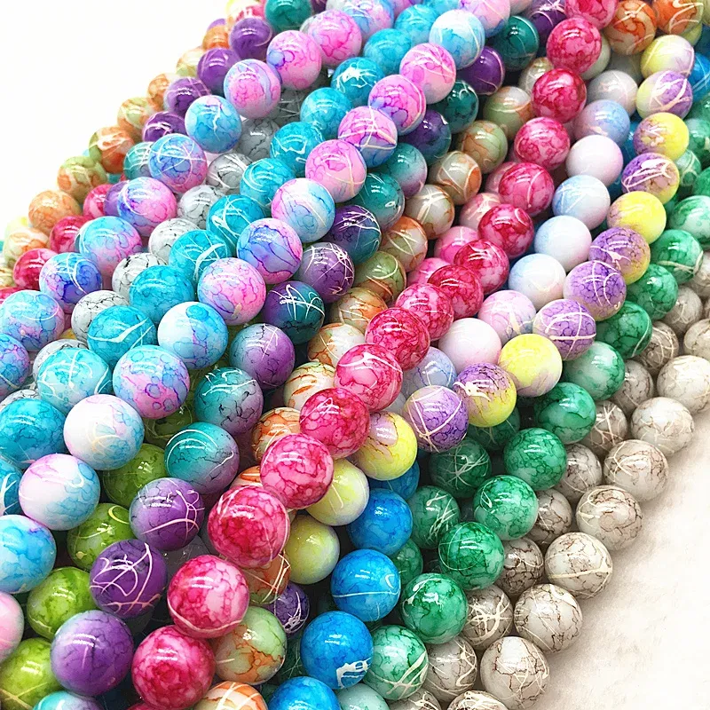 Color: GRAY, Item Diameter: 4mm - Wholesale 4/6/8/10mm Glass Beads Round Loose Spacer Beads Pattern For Jewelry Making DIY Bracelet Necklace