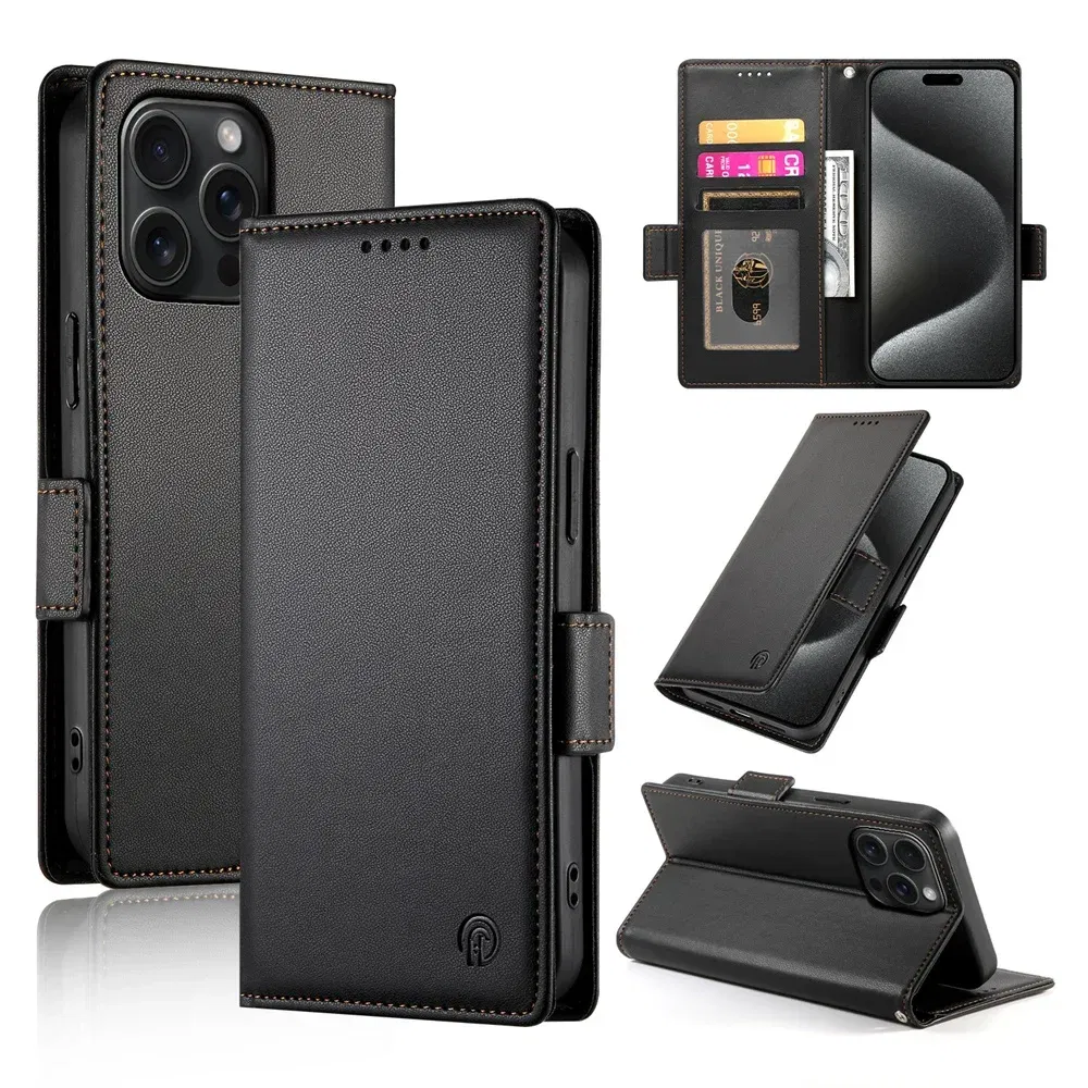Color: black, Material: PVC - PU Leather Flip Phone Case For iPhone 16 15 Pro Max 16E 14 13 1211 XS Max XR X 8 7 Plus SE KickStand Cards Solt Wallet Cover