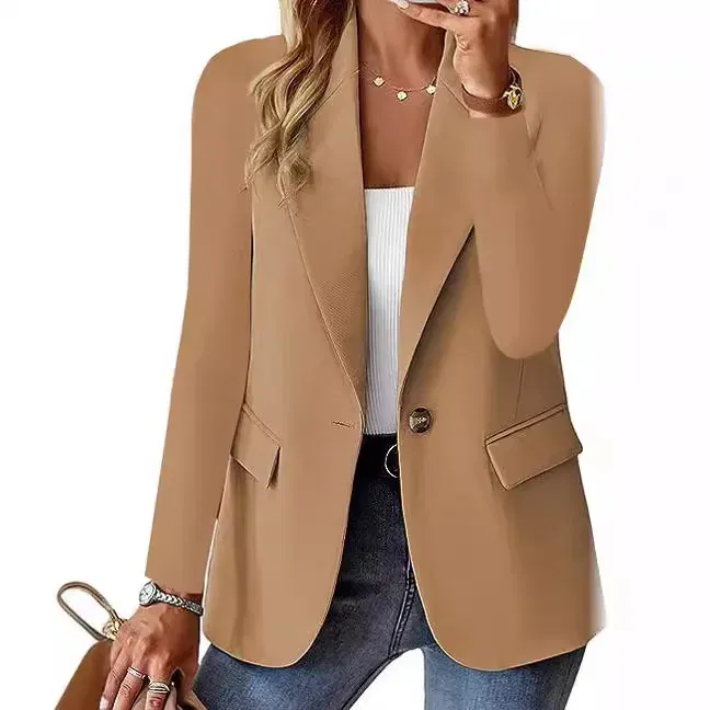 Color: Khaki, Size: XXL - Womens Spring Winter Down Full Long Sleeve Coat Autumn Blazer Button Outwear Suit Cardigan Female