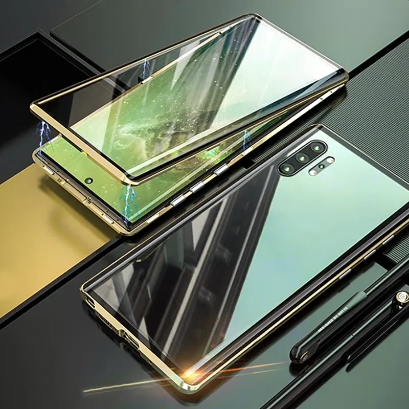 Color: Gold, Material: Nylon - Full Wrap Metal Bezel Case For Samsung Galaxy S23 S22 Ultra S21 S20 FE S24 Note 10 20 Lite Plus Double-Sided Glass Back Cover
