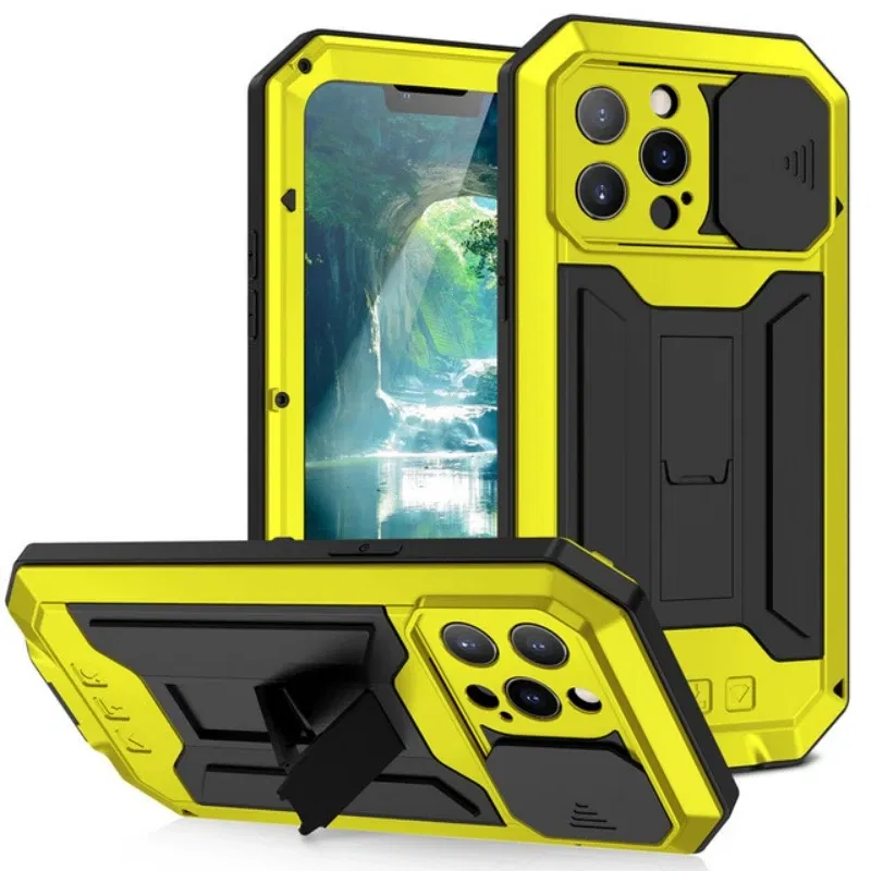 Color: Yellow, Material: Aluminum - Heavy Duty Metal Aluminum Case For iPhone 14 13 15 Pro Max Military Grade Shockproof Bumpers Armor Kickstand Camera Slider Cases